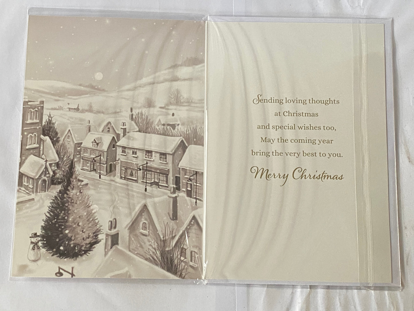 Christmas Wishes Sister And & Husband Christmas Card Grey/Gold-Small Tree/Winter Village(NC-VX005B)