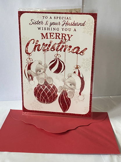 To A Special Sister & Your Husband Wishing You A Merry Christmas Card White/Red-Teddies/Baubles(PH46994A)