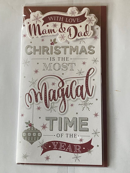 With Love Mam & Dad Christmas Is The Most Magical Time of The Year Christmas Card White/Red/Silver Words(PRELUDE44933)