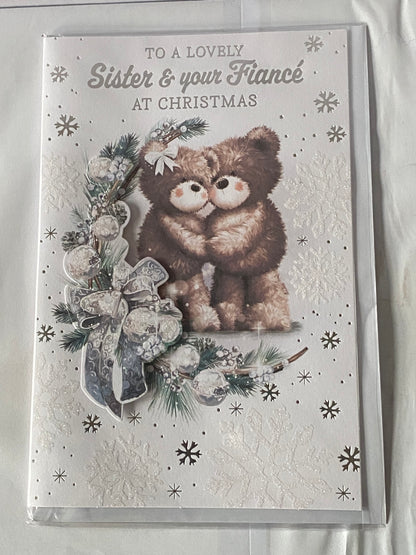 To A Lovely Sister & Your Fiance At Christmas Card Teddies Cuddling/Garland(PRELUDE47991)