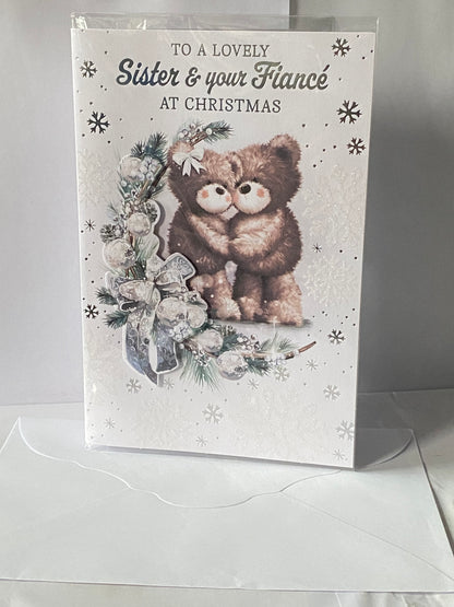 To A Lovely Sister & Your Fiance At Christmas Card Teddies Cuddling/Garland(PRELUDE47991)