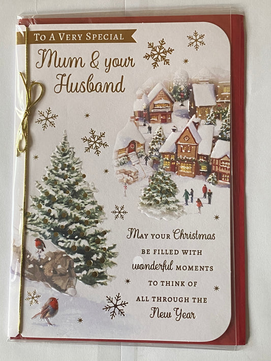 To A Very Special Mum & Your Husband Christmas Card Winter Scene/People/Trees(PRELUDE47910)