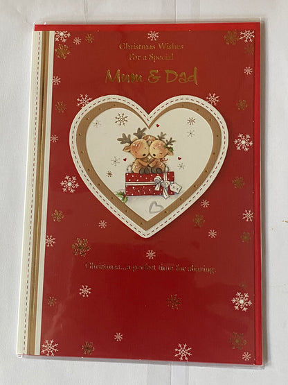 Christmas Wishes For A Special Mum & Dad Christmas Card Red-Cute Reindeers/Present Foil Detail(HSX2497B)