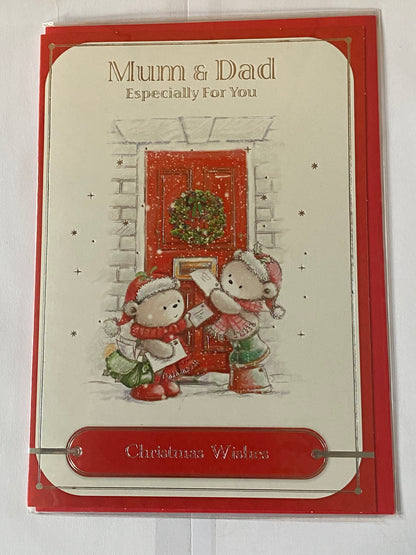 Mum & Dad Especially For You Christmas Card Teddies/Red Door/Plant Pot(HSX2609B)