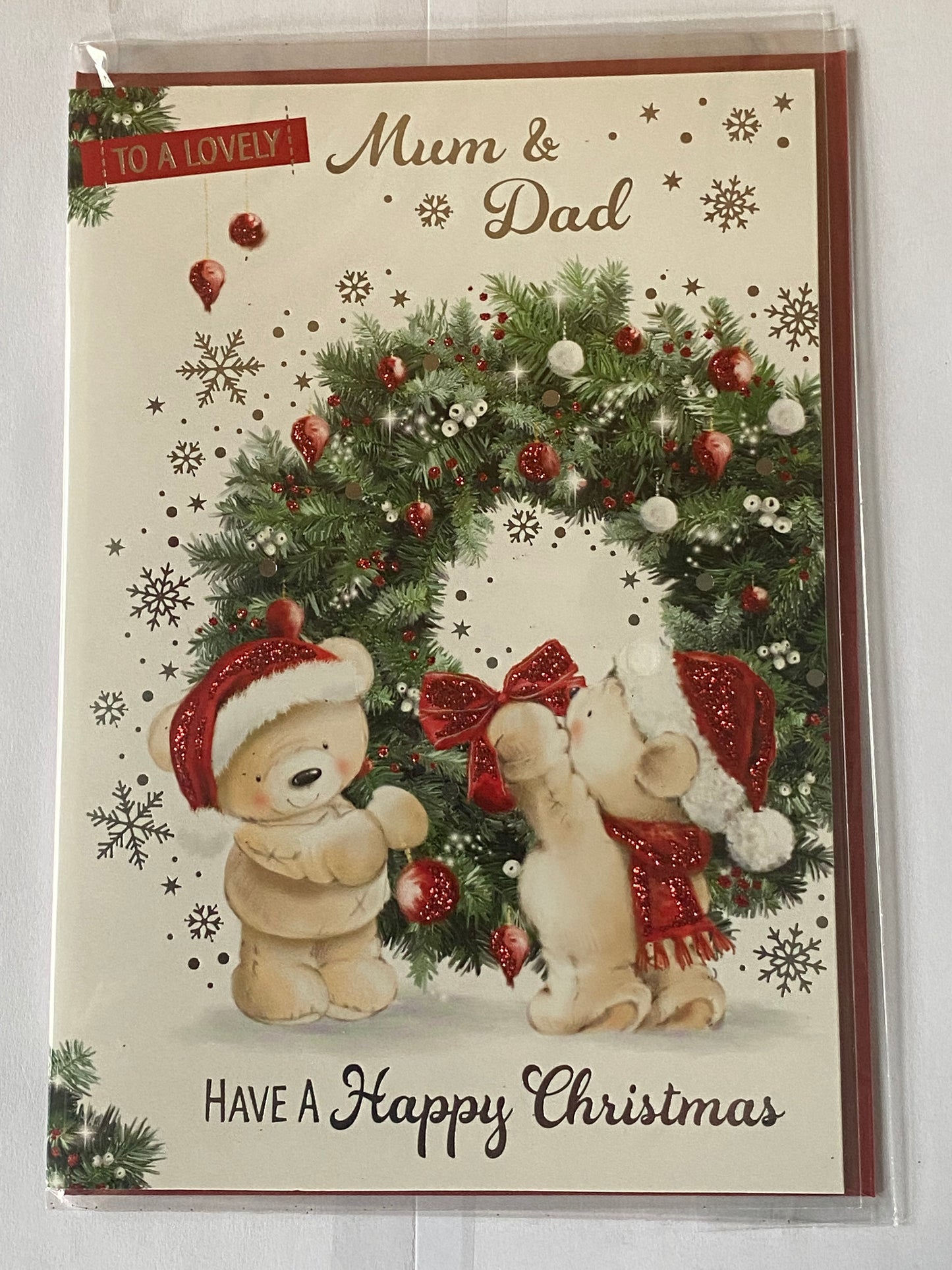 To A Lovely Mum & Dad Have A Happy Christmas Card Standing Teddies/Wreath Glitter/Foil Detail(PH46355A)