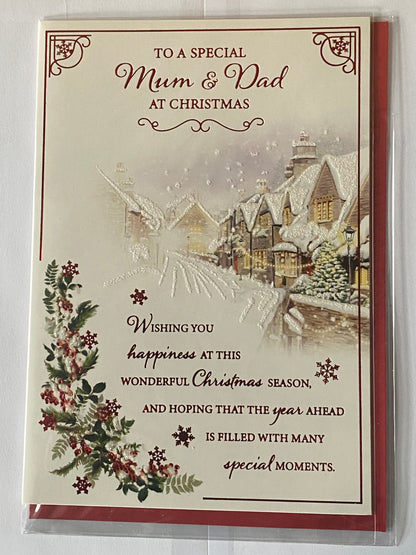 To A Special Mum & Dad At Christmas Card Winter Scene/Houses/Christmas Lights(PH45203B)