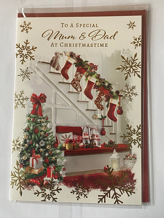 To A Special Mum & Dad At Christmastime Christmas Card Staircase/Stockings(PH46981A)