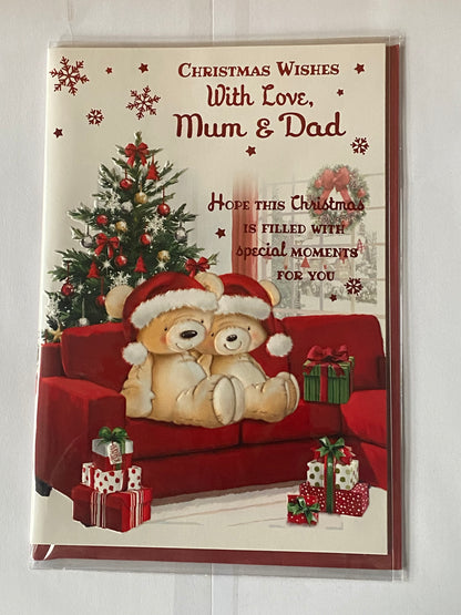 Christmas Wishes With Love Mum & Dad Christmas Card Teddies/Red Sofa(PH46993A)