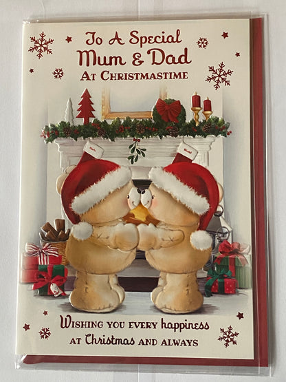 To A Special Mum & Dad At Christmastime Christmas Card Teddies Kissing/Fireplace(PH46993B)