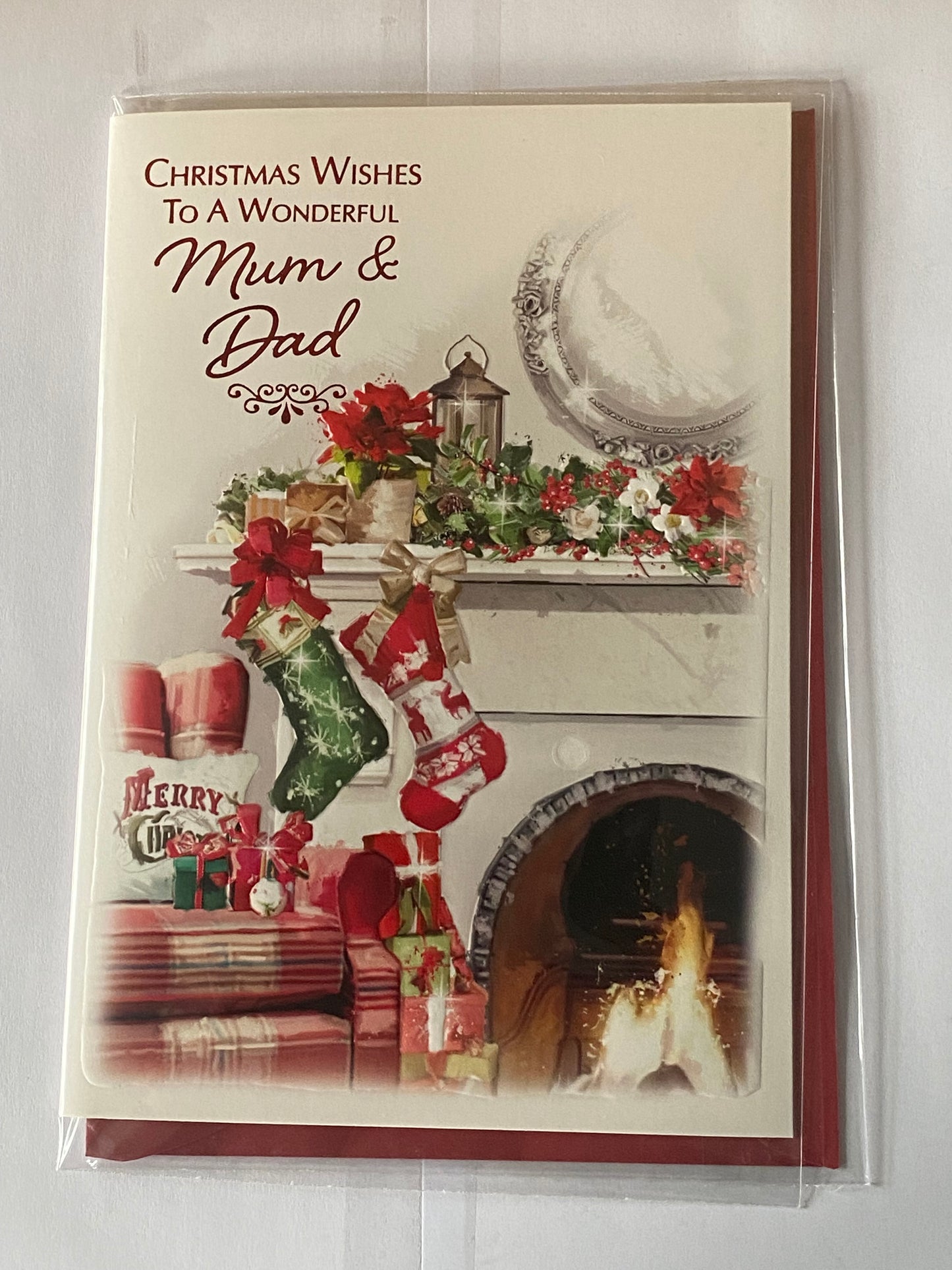 Christmas Wishes To A Wonderful Mum & Dad Christmas Card Fireplace/Stockings/Red Check Chair(NC-VX091A)