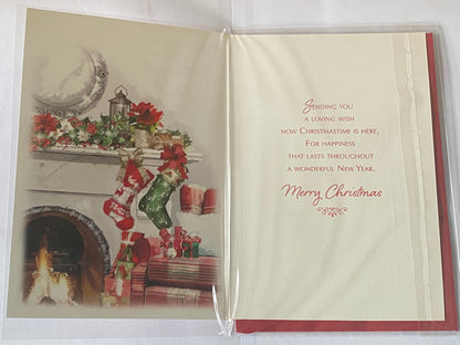 Christmas Wishes To A Wonderful Mum & Dad Christmas Card Fireplace/Stockings/Red Check Chair(NC-VX091A)