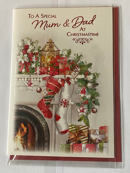 To A Special Mum & Dad At Christmastime Christmas Card Fireplace/Stockings/Gold Lantern(NC-VX091B)