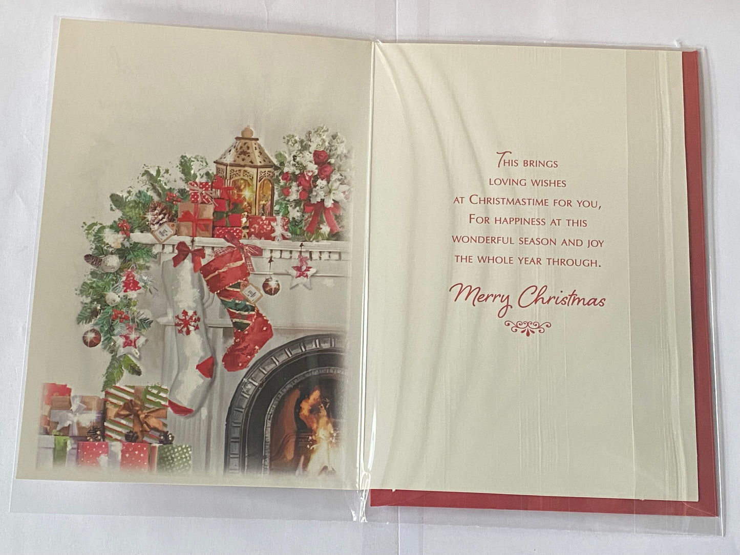 To A Special Mum & Dad At Christmastime Christmas Card Fireplace/Stockings/Gold Lantern(NC-VX091B)