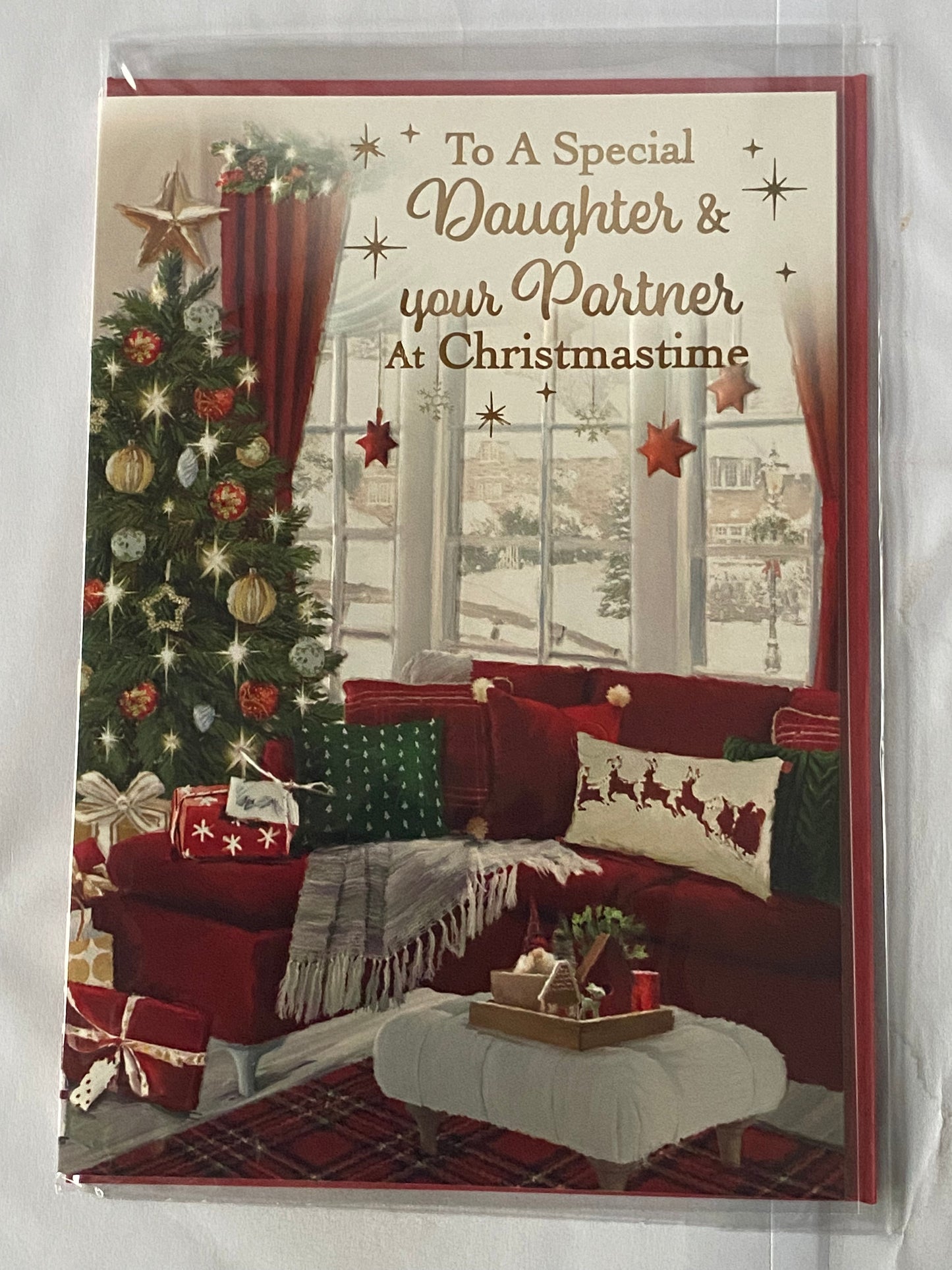 To A Special Daughter & And Your Partner At Christmastime Christmas Card Window/Red Sofa/Tree(VX123B)