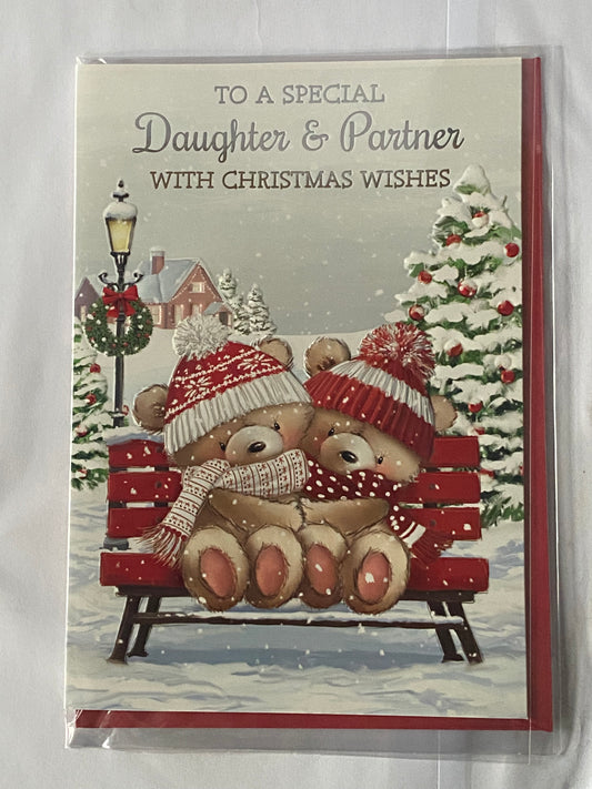 To A Special Daughter & And  Partner With Christmas Wishes Christmas Card Teddies/Bench(NC-VX140A)