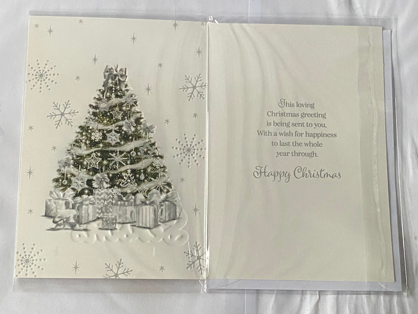 To A Very Special Daughter & And Your Husband Season's Greetings Christmas Card Green/Silver Christmas Tree/Silver Words(PH48337A)