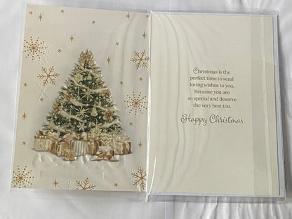 To A Wonderful Daughter & And Your Husband With Love Christmas Greetings Christmas Card Green/Gold Christmas Tree/Gold Words(PH48337B)