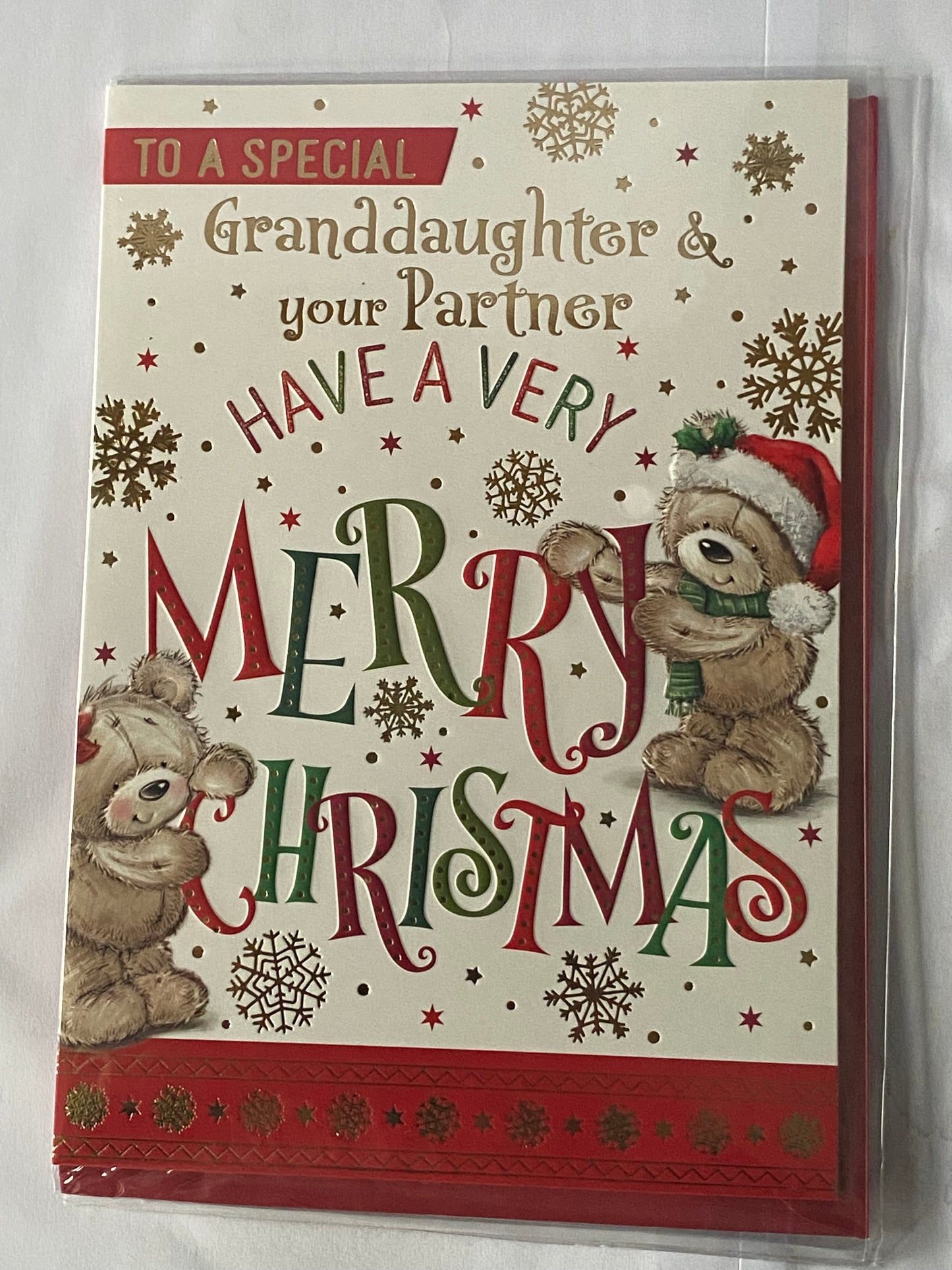 To A Special Granddaughter & And Your Partner Have A Very Merry Christmas Card Teddies/Words(PH49205B)