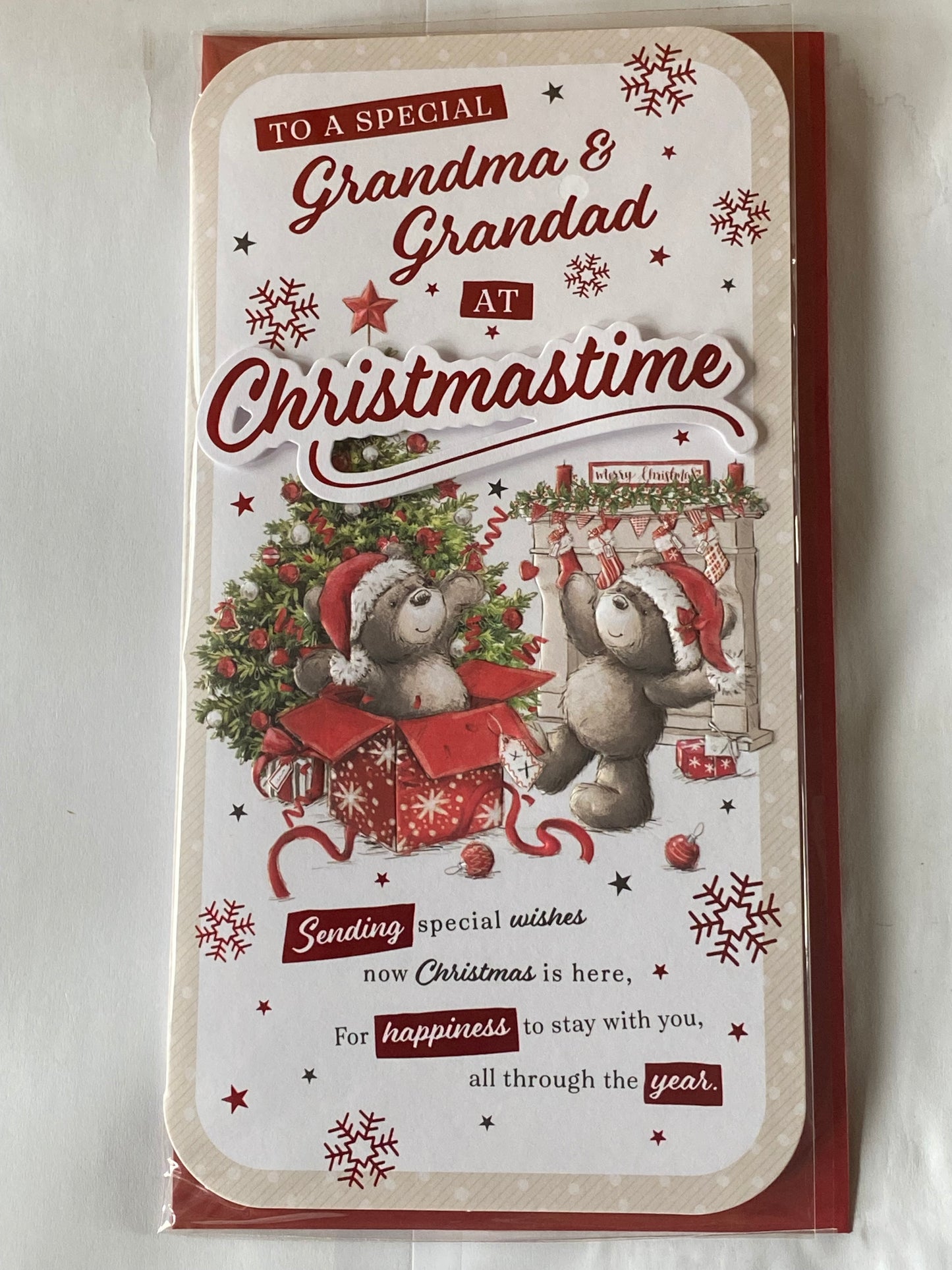 To A Special Grandma & Grandad At Christmastime Christmas Card Teddies/Red Present/Red Words(PRELUDE46888)