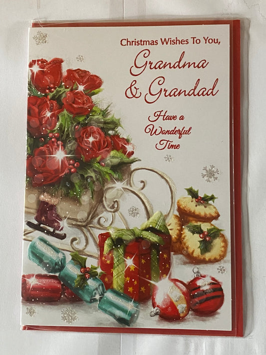 Christmas Wishes To You Grandma & Grandad Christmas Card Red Flowers/Mince Pies(SXC50-1015A)