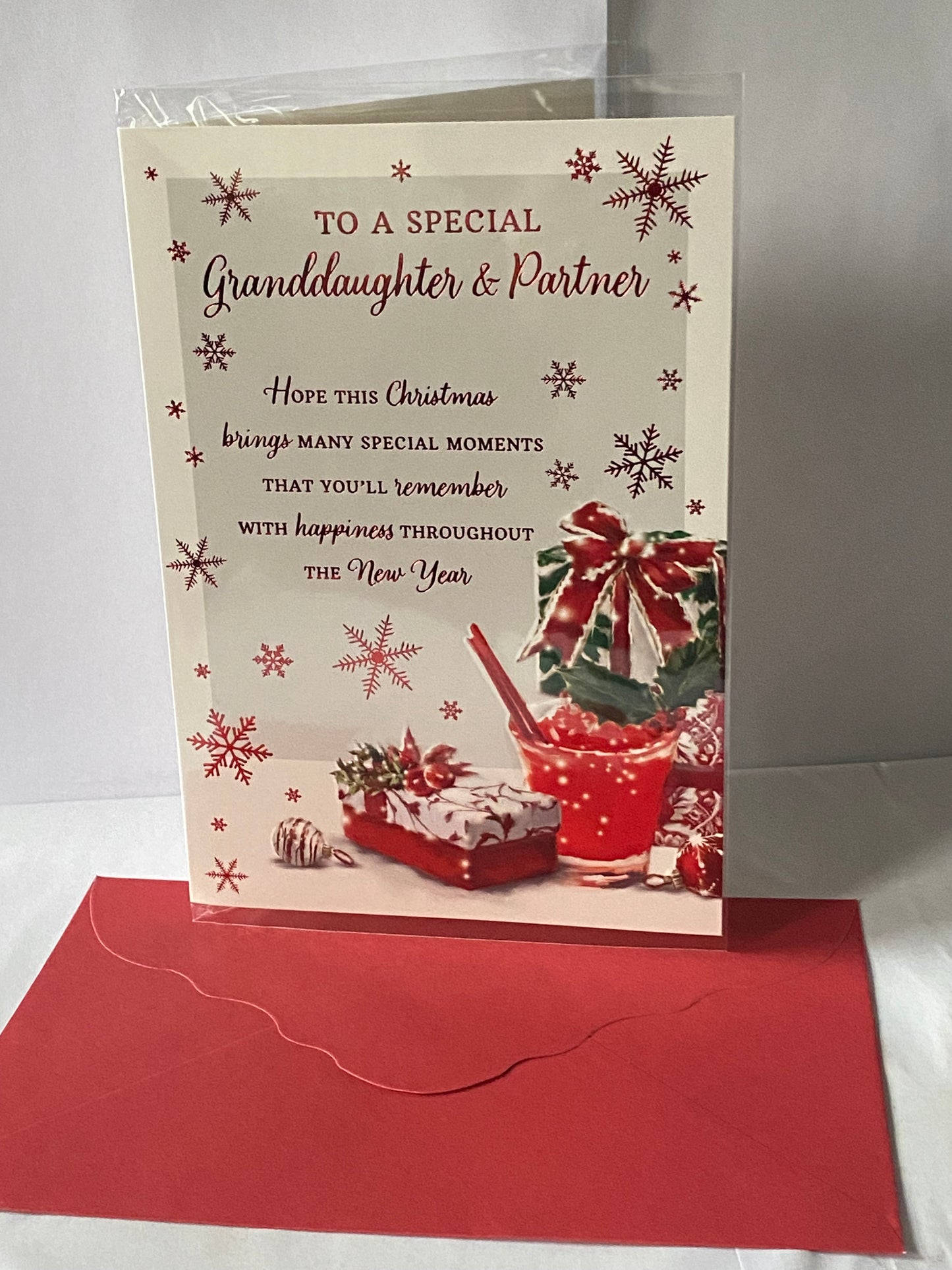 To A Special Granddaughter & And Partner Christmas Card Red Cocktail/Presents/Red Words Foil Detail(PH48355A)