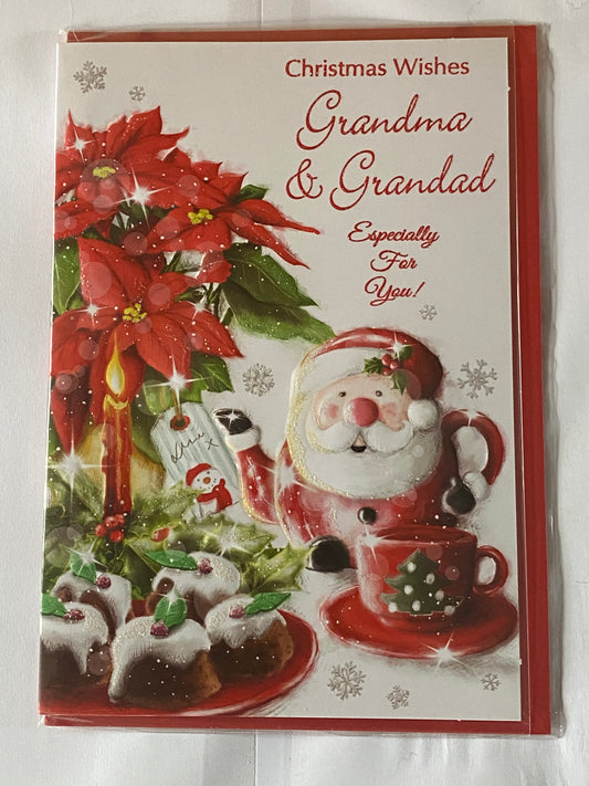 Christmas Wishes Grandma & Grandad Christmas Card Red Flowers/Santa Teapot(SXC50-1015B)