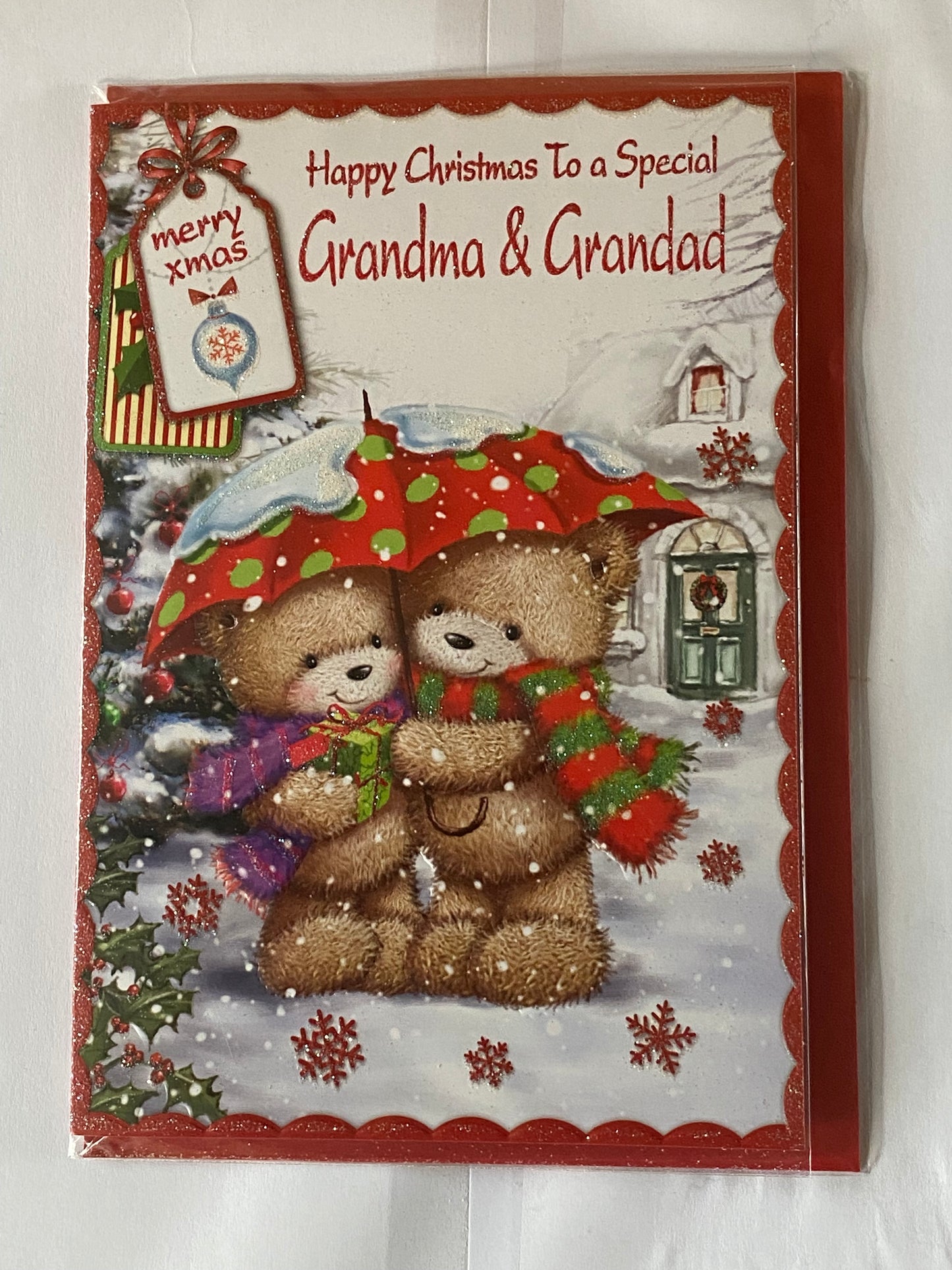 Happy Christmas To A Special Grandma & Grandad Christmas Card Teddies/Umbrella(SXC50-1023B)