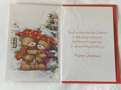 Happy Christmas To A Special Grandma & Grandad Christmas Card Teddies/Umbrella(SXC50-1023B)