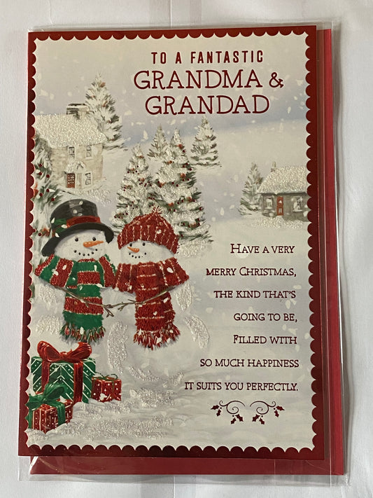 To A Fantastic Grandma & Grandad Christmas Card Snow Couple/Present/Red Words(PH45222B)