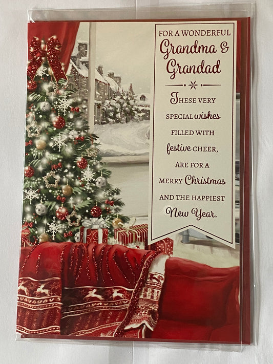 For A Wonderful Grandma & Grandad Christmas Card Window/Christmas Tree/Red Sofa+Words(PH46339A)