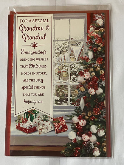 For A Special Grandma & Grandad Christmas Card Window Sill/Christmas Tree/Presents/Red Words(PH46339B)