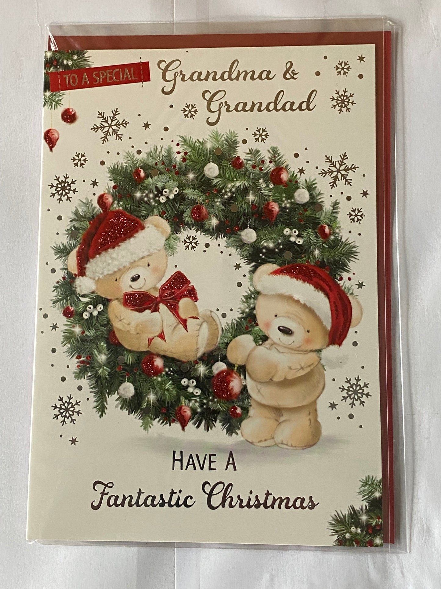 To A Special Grandma & Grandad Have A Fantastic Christmas Card Sitting+Standing Teddies/Wreath(PH46355B)