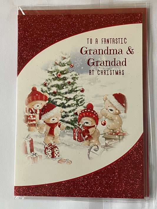 To A Fantastic Grandma & Grandad at Christmas Card Teddy Family/Christmas Tree/Red Glitter(PH46351A)