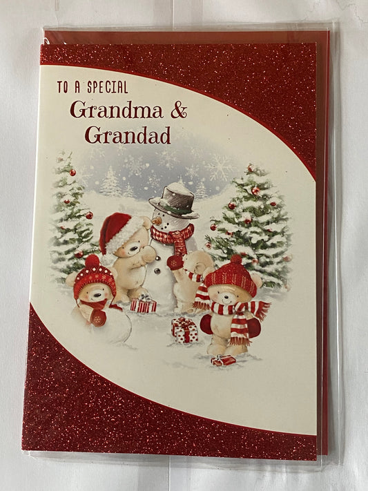 To A Special Grandma & Grandad Christmas Card Teddy Family/Snowman/Red Glitter(PH46351B)