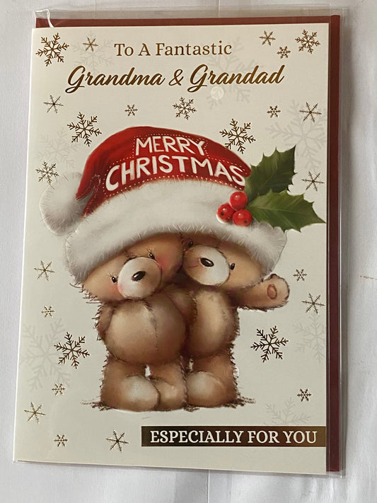 To A Fantastic Grandma & Grandad Merry Christmas Card Teddies/Santa Hat(NC-VX104B)