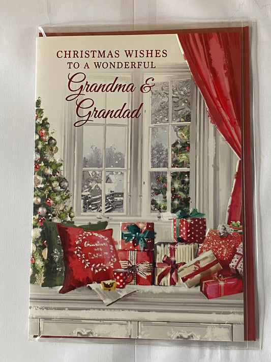 Christmas Wishes To A Wonderful Grandma & Grandad Christmas Card Window Sill/Presents/Tree Foil Detail(NC-VX087A)