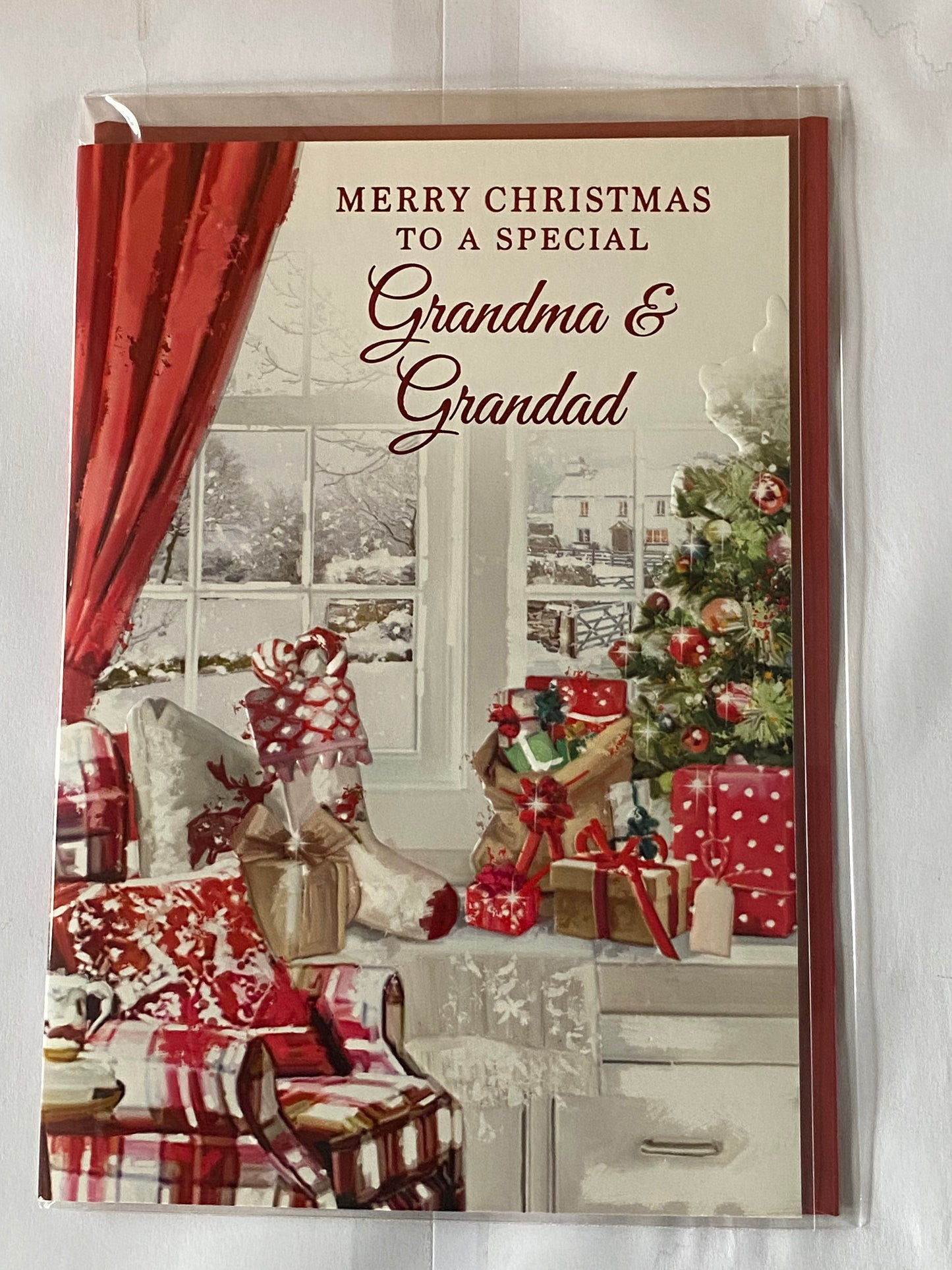 Merry Christmas To A Special Grandma & Grandad Christmas Card Window Sill/Presents/Red Chair(NC-VX087B)