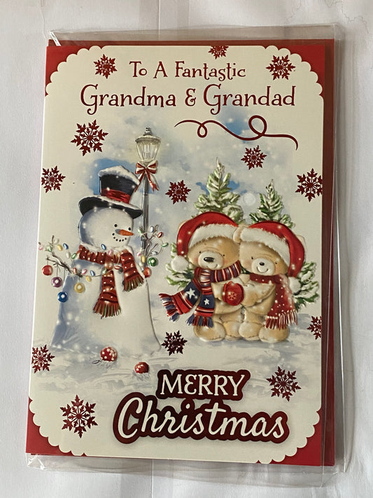 To A Fantastic Grandma & Grandad Merry Christmas Card Teddies Hugging/Snowman(PH49204A)