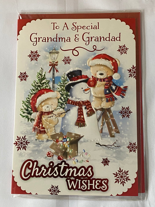 To A Special Grandma & Grandad Christmas Wishes Christmas Card Teddies/Ladder/Snowman(PH49204B)