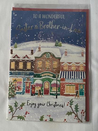 To A Wonderful Sister & And Brother-In-Law Christmas Card Snowy Shopping Street Foil Detail(PH50225A)