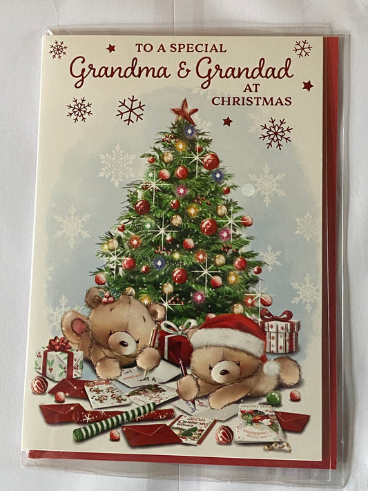 To A Special Grandma & Grandad At Christmas Card Laying Down Teddies/Cards/Christmas Tree(VX178B)