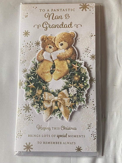 To A Fantastic Nan & Grandad Christmas Card Teddies/Wreath/Gold Stockings(PRELUDE46886)