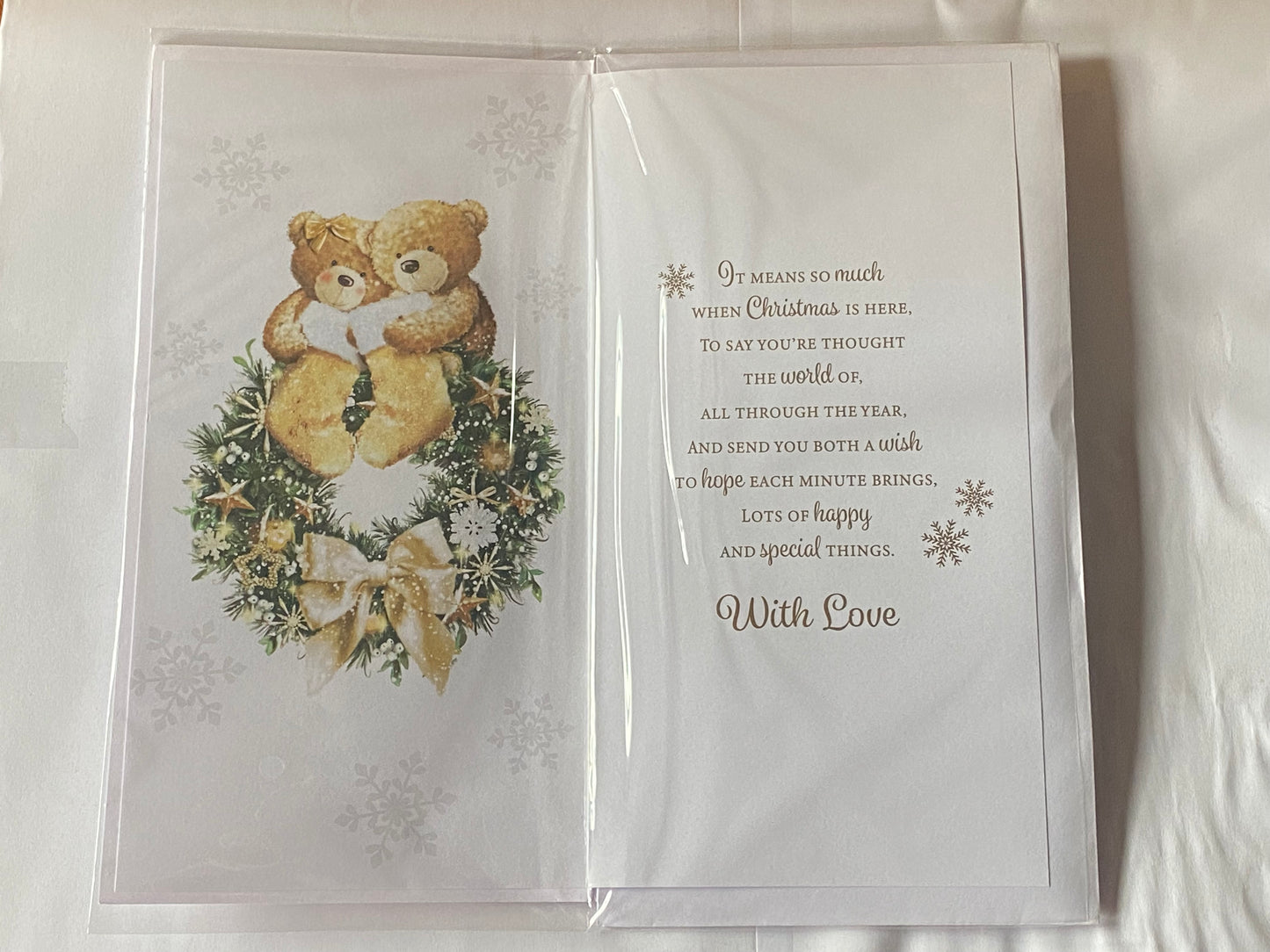 To A Fantastic Nan & Grandad Christmas Card Teddies/Wreath/Gold Stockings(PRELUDE46886)