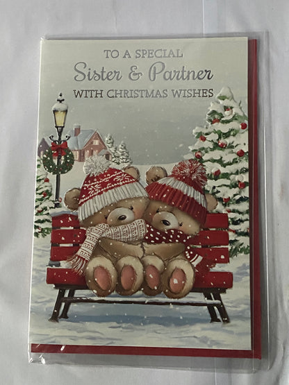 To A Special Sister & And Partner With Christmas Wishes Christmas Card Teddies/Bench Foil Detail(NC-VX140A)