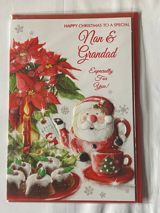 Happy Christmas To A Special Nan & Grandad Christmas Card Red Flowers/Santa Teapot(SXC50-1015A)