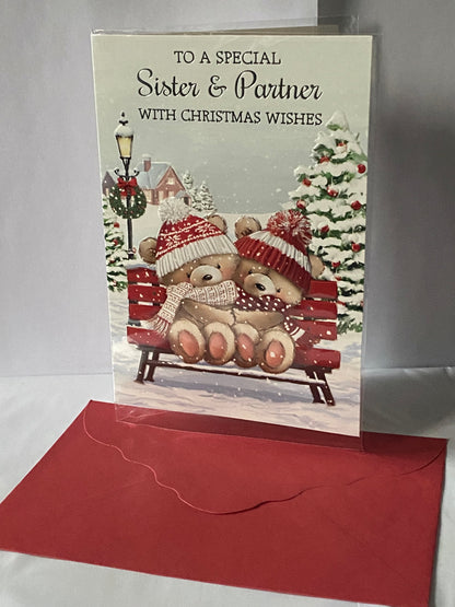 To A Special Sister & And Partner With Christmas Wishes Christmas Card Teddies/Bench Foil Detail(NC-VX140A)