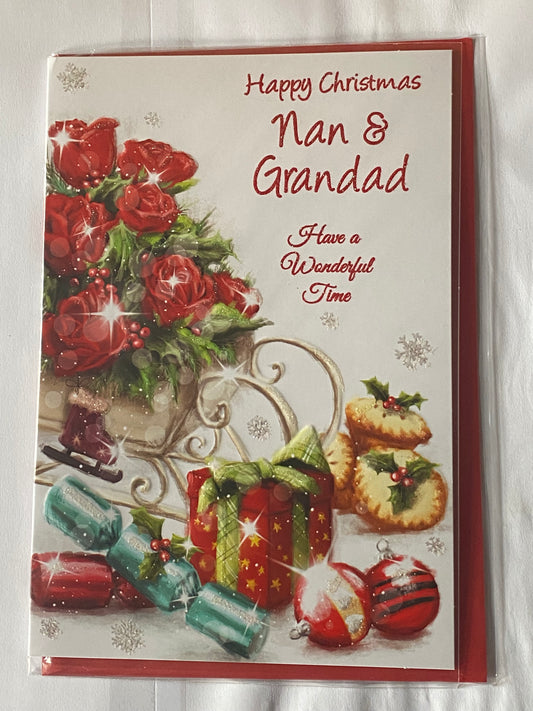 Happy Christmas Nan & Grandad Christmas Card Red Flowers/Mince Pies(SXC50-1015B)