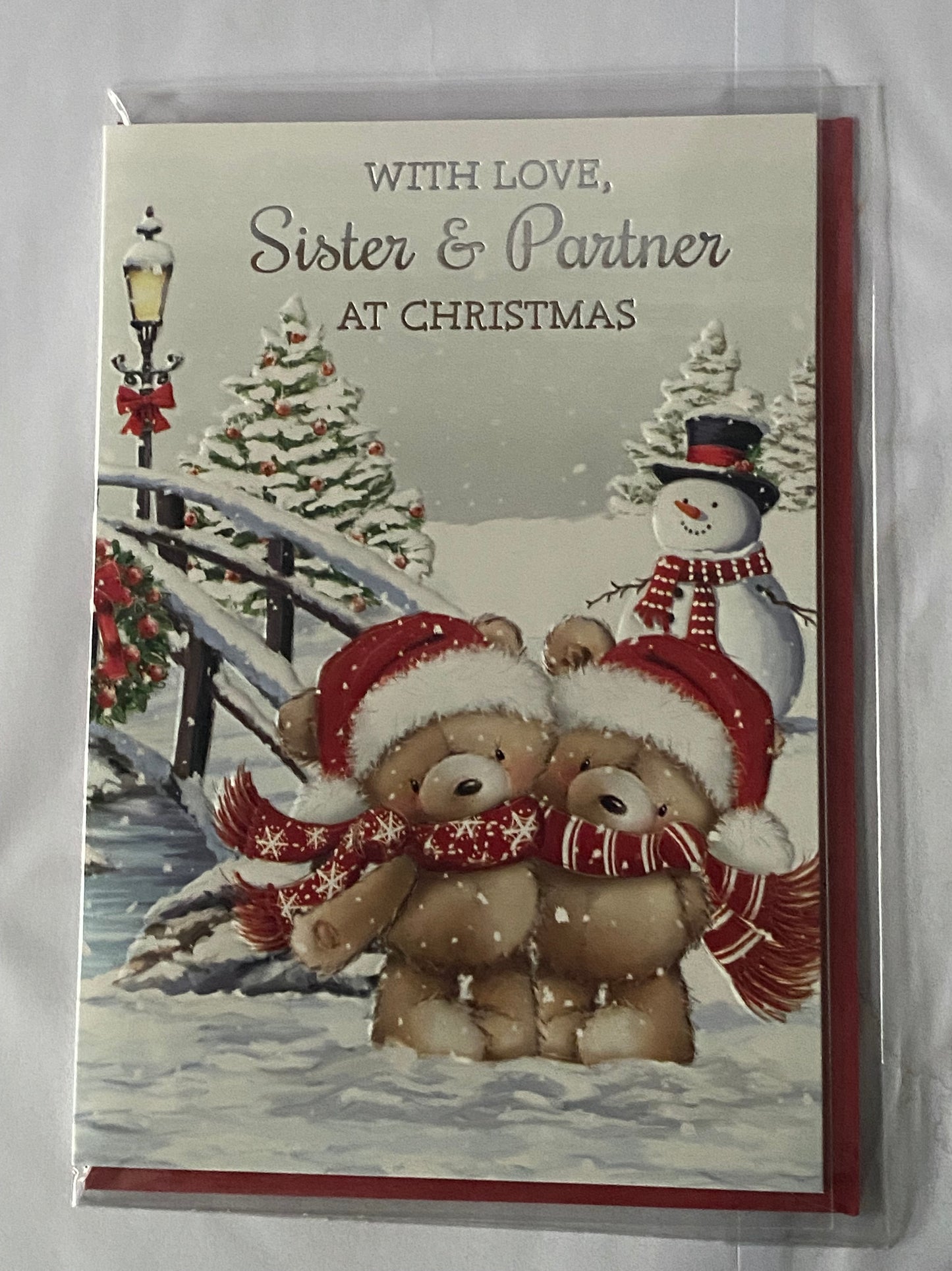 With Love Sister & And Partner At Christmas Card Teddies/Snowman/Bridge Foil Detail(NC-VX140B)