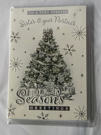 To A Very Special Sister & And Your Partner Season's Greetings Christmas Card Green/Silver Christmas Tree/Silver Words(PH48337A)