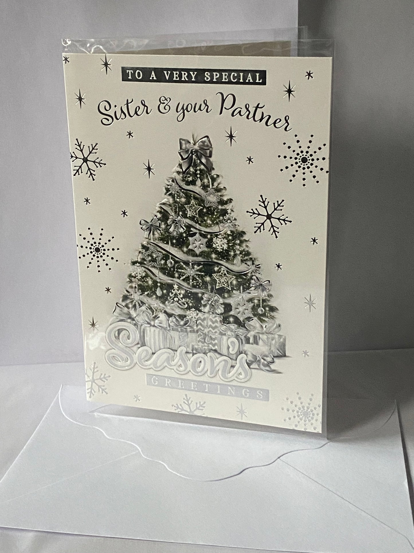 To A Very Special Sister & And Your Partner Season's Greetings Christmas Card Green/Silver Christmas Tree/Silver Words(PH48337A)